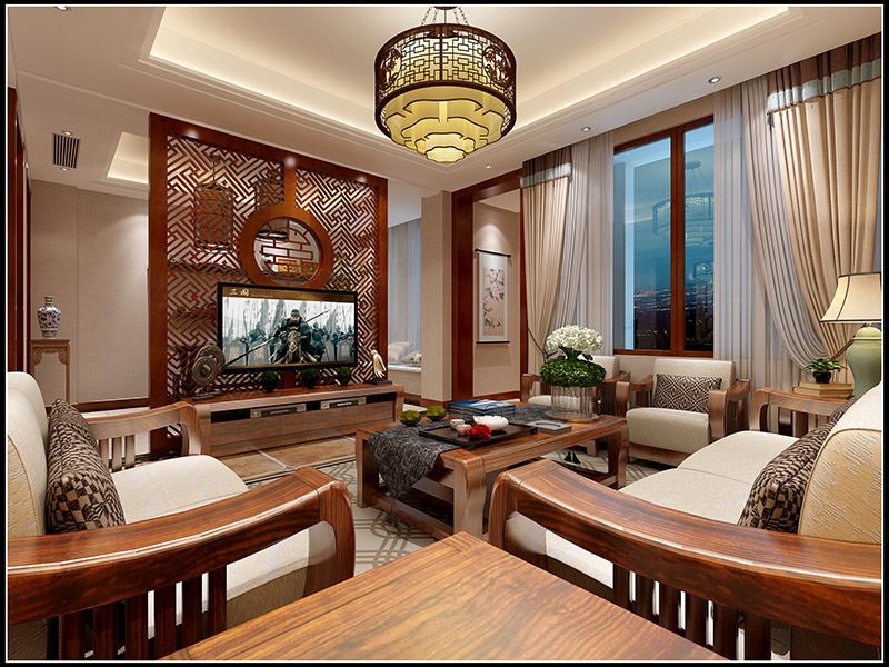 宁波市天明海逸湾新中式风格三居室装修案例